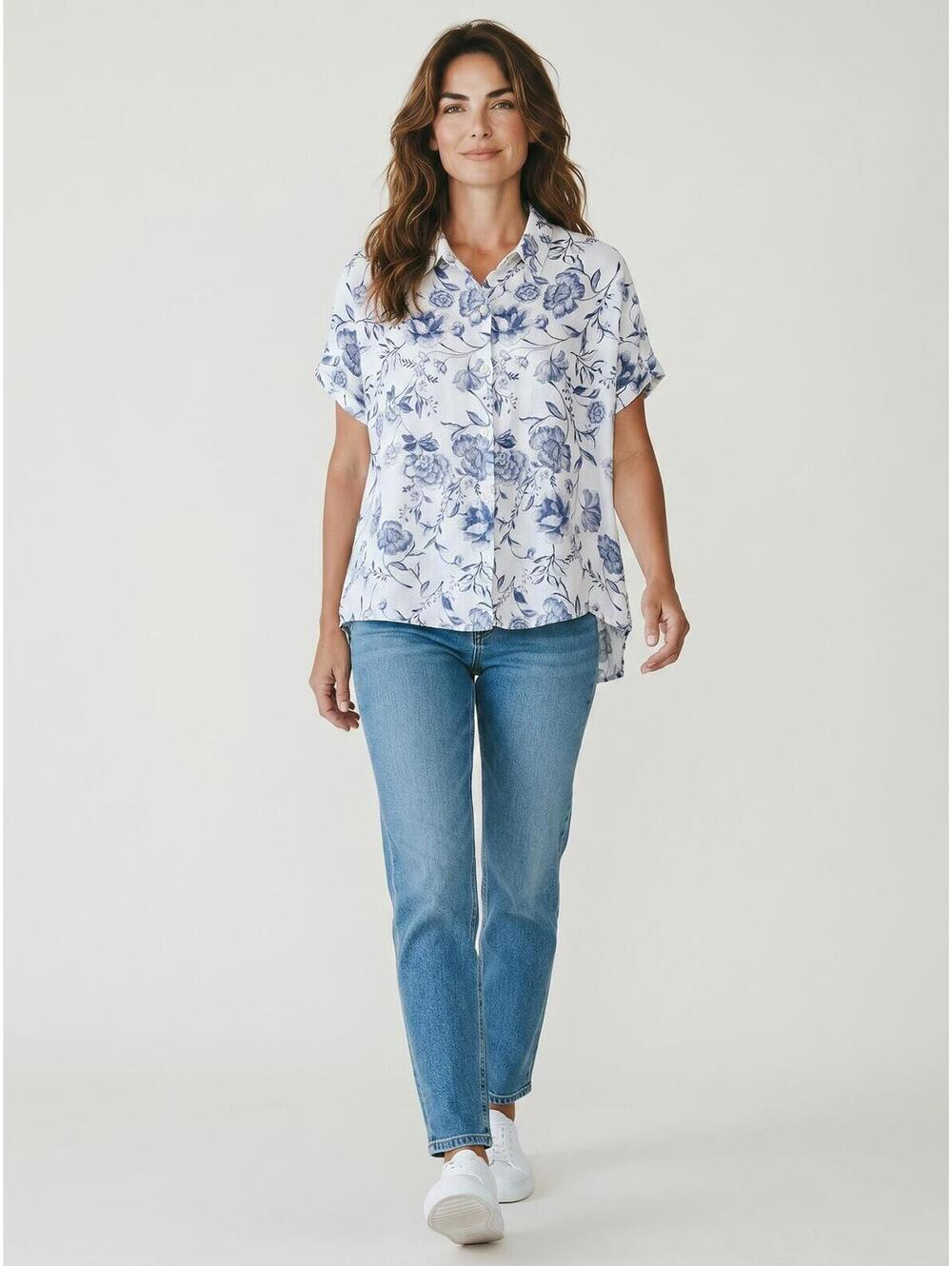 Cynthia Rowley 100% Linen Short Sleeve Blouse-Size Small-Blue & White Floral